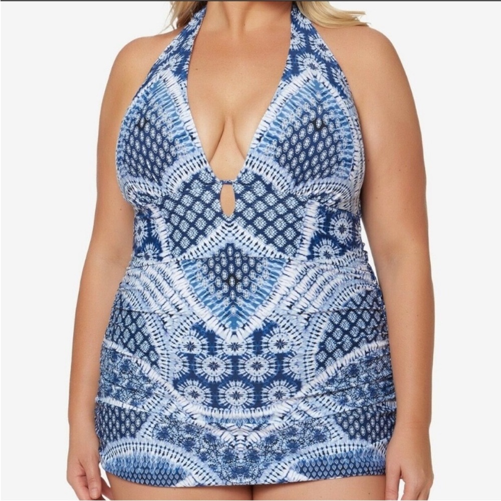 Jessica Simpson Blue and White One Piece Swimdress Size 1X